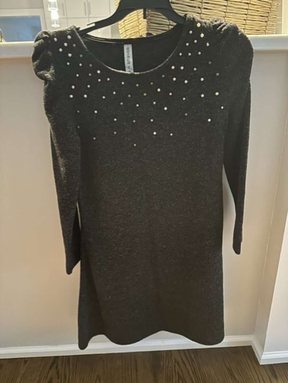 Pearl Embellished Dark Grey Mini Dress Women XS